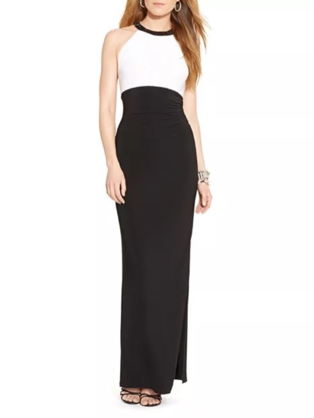 Lauren Ralph Lauren Halter Dress Maxi White Top with Black Beaded Trim